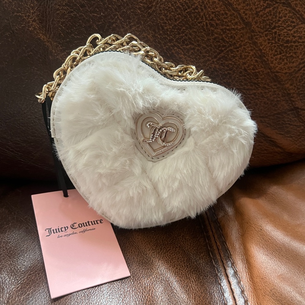 Juicy Couture White Plush Clutch with Metallic Accents